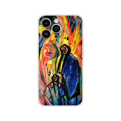 The "War Party" phone case by Ken Skoda Studio displays a vivid design with abstract figures set against swirling, vibrant colors. The central figure holds an object, creating a striking and unique contrast with the dynamic backdrop.