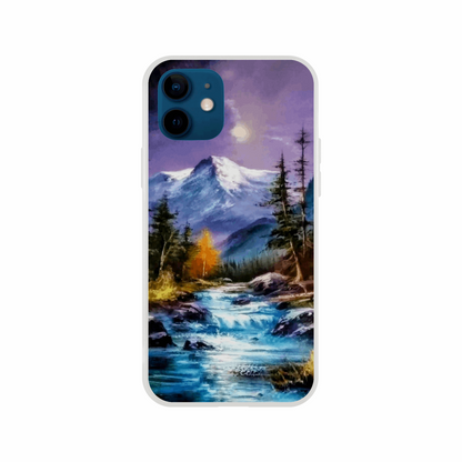 Experience the "Mountain Serenity" phone case by Ken Skoda Studio, which beautifully captures a peaceful alpine landscape. This stunning design depicts a river winding through a pine forest under a vivid sky and showcases distant snow-capped peaks, gently lit by the glow of the moon.