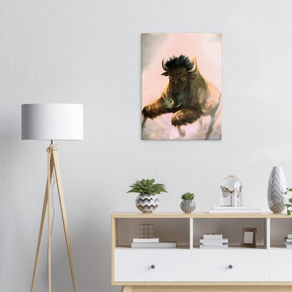 A canvas print of a bison in a white living space with a lamp and a shelf.