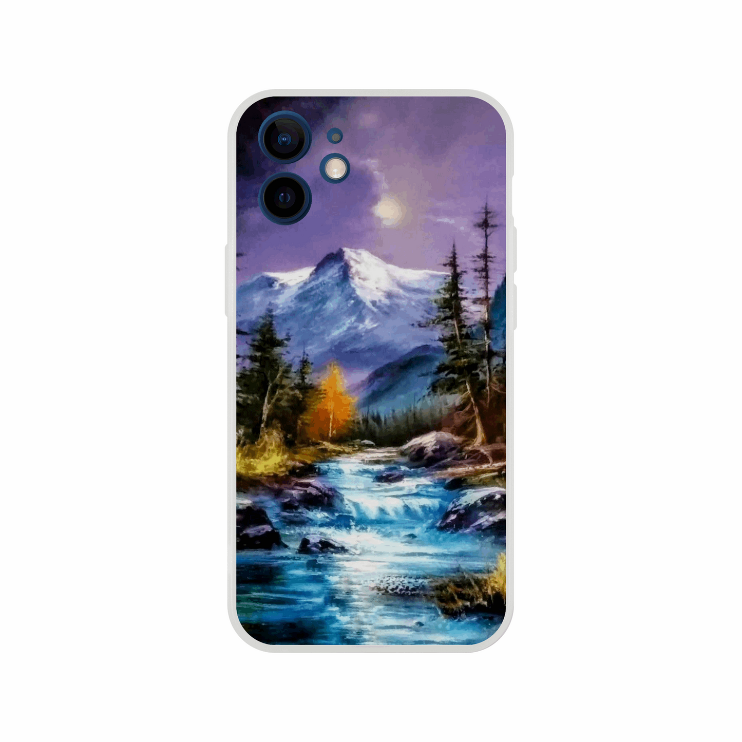 The Ken Skoda Studio "Mountain Serenity" phone case displays a serene alpine scene with snow-capped mountains beneath a purple sky, encircled by pine trees and a gently flowing river dotted with rocks.