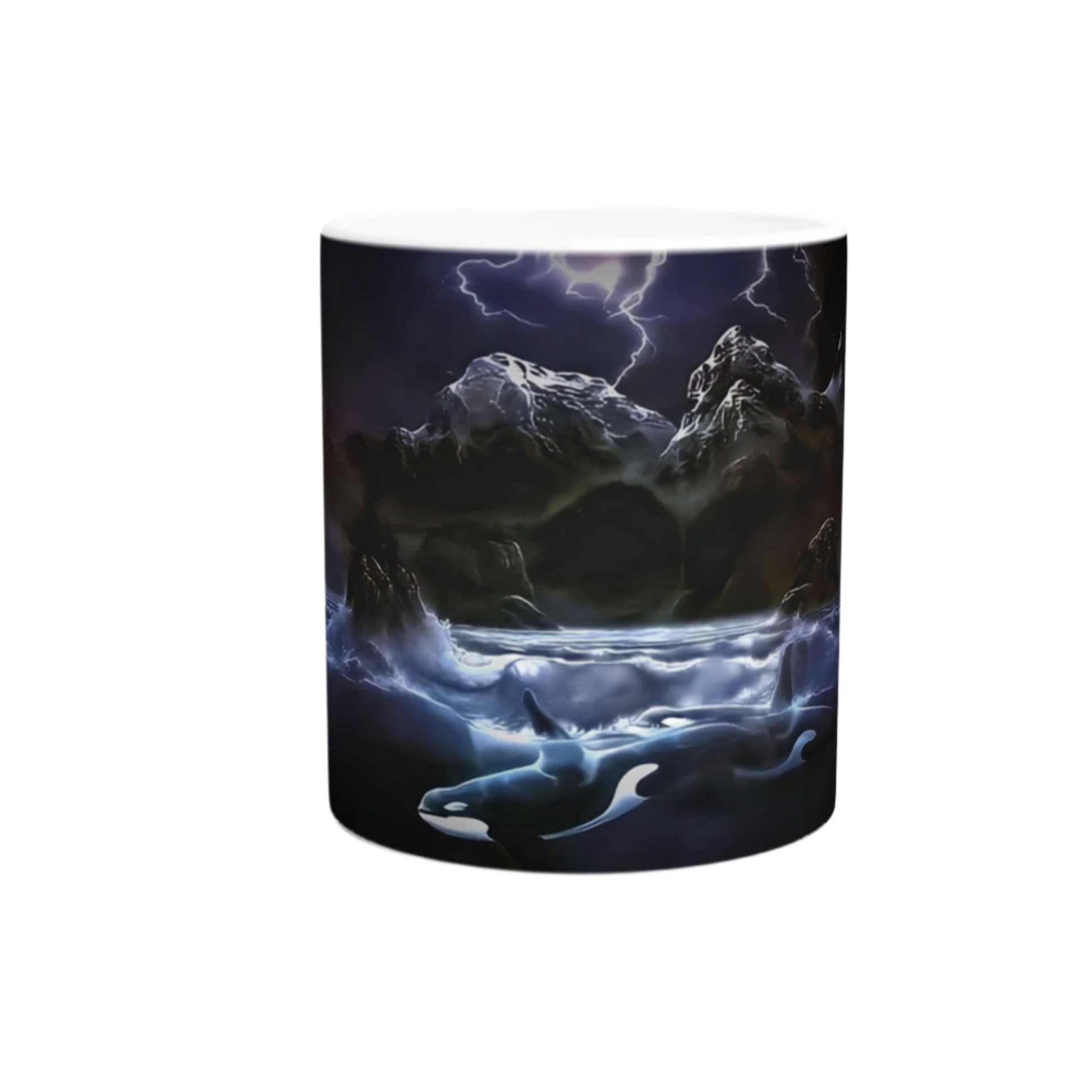 The "Midnight Orcas" mug by Ken Skoda Studio is ideal for ocean enthusiasts, showcasing a breathtaking depiction of orcas amidst stormy seas. Rocky cliffs loom beneath a lightning-filled sky. The design encircles the ceramic mug, providing a captivating and engaging experience with each sip.