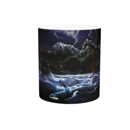 The "Midnight Orcas" mug by Ken Skoda Studio is ideal for ocean enthusiasts, showcasing a breathtaking depiction of orcas amidst stormy seas. Rocky cliffs loom beneath a lightning-filled sky. The design encircles the ceramic mug, providing a captivating and engaging experience with each sip.