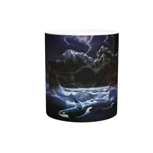 The "Midnight Orcas" mug by Ken Skoda Studio is ideal for ocean enthusiasts, showcasing a breathtaking depiction of orcas amidst stormy seas. Rocky cliffs loom beneath a lightning-filled sky. The design encircles the ceramic mug, providing a captivating and engaging experience with each sip.