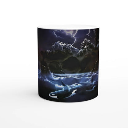 The "Midnight Orcas" mug by Ken Skoda Studio is ideal for those who love the ocean. This ceramic mug features a striking design of lightning flashing over tumultuous seas with orcas gracefully swimming below the waves. Dark, jagged mountains rise under a stormy sky, creating a captivating scene.