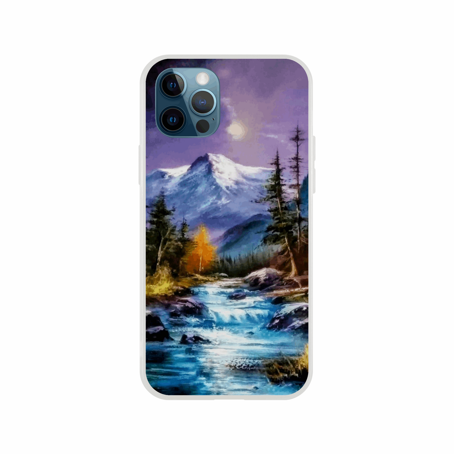 The "Mountain Serenity" phone case by Ken Skoda Studio beautifully displays a serene alpine scene, featuring snowy peaks under a purple sky, with a forest and flowing river in the foreground.