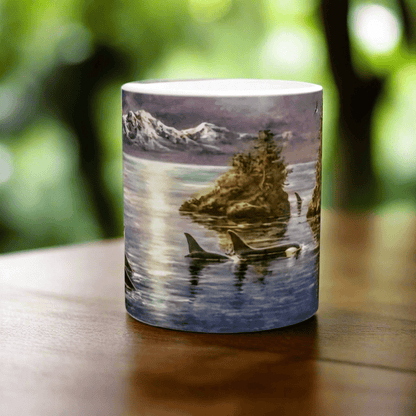 The "Afternoon Orca" mug by Ken Skoda Studio is crafted from ceramic and showcases a scenic design of dolphins gracefully swimming in tranquil waters, reminiscent of an ocean painting set among rocky islands and snow-capped mountains. This exquisite mug sits upon a wooden surface, accented by a lush, blurred green background.