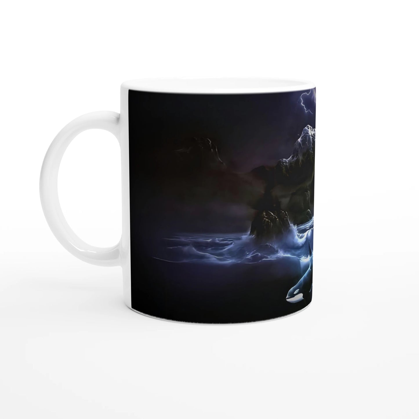 The "Midnight Orcas" mug by Ken Skoda Studio is perfect for ocean lovers, featuring a mystical scene with a dark stormy sky, crashing waves, and a lightning bolt illuminating rocky cliffs—truly an atmospheric design.