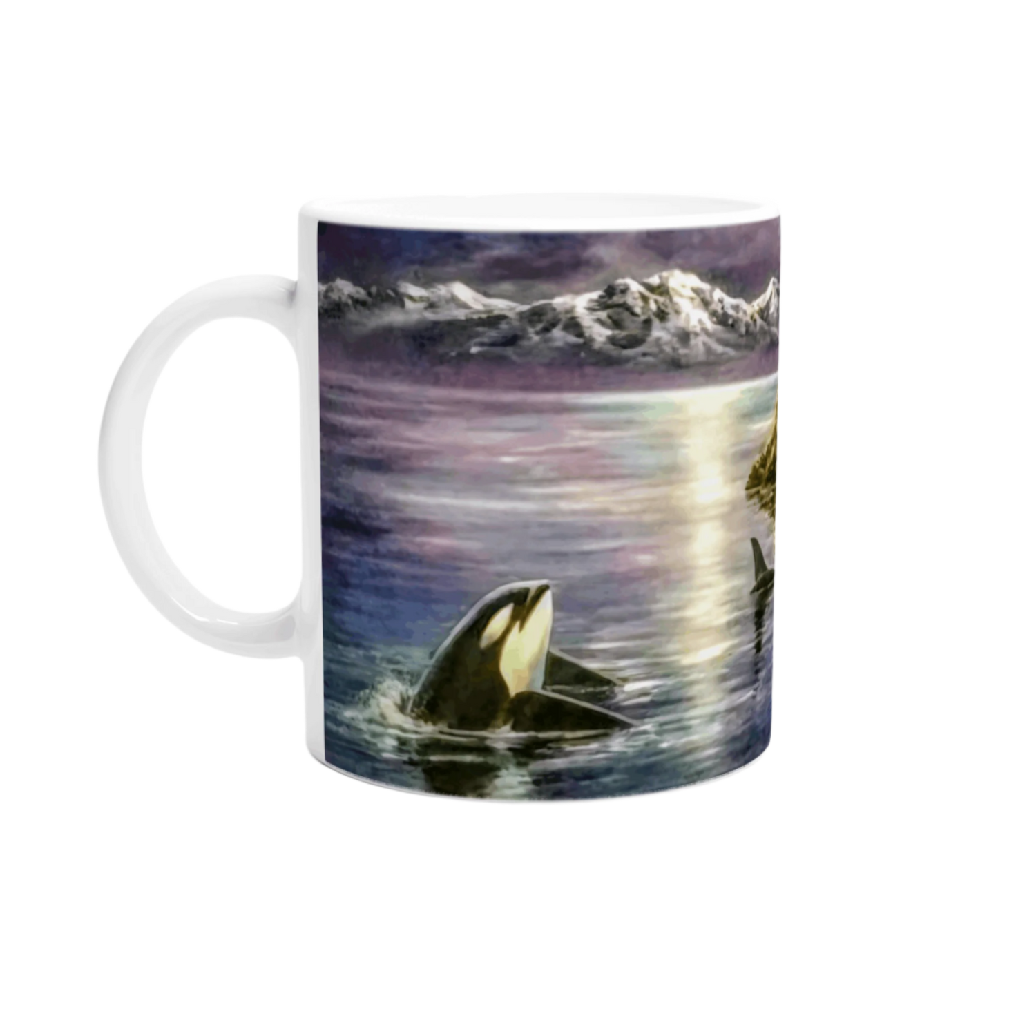 The "Afternoon Orca" mug from Ken Skoda Studio showcases a breathtaking ocean painting of an orca gliding through a peaceful, vibrant sea illuminated by moonlight. Snow-capped mountains mirror in the water, crafting a serene and picturesque scene on this ceramic marvel.