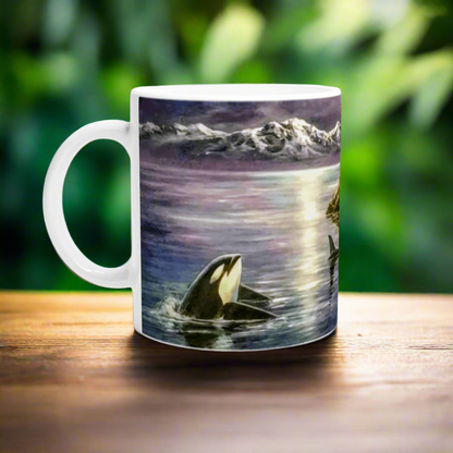 The "Afternoon Orca" mug by Ken Skoda Studio features a mesmerizing ocean painting with orcas gracefully swimming in a tranquil sea, surrounded by towering mountains. The scene, resting on a wooden surface, is set against a vibrant green, blurred natural background.