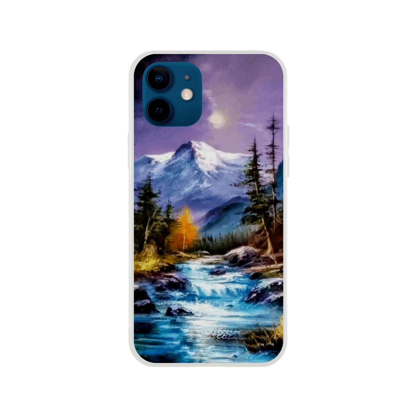 The "Mountain Serenity" phone case by Ken Skoda Studio beautifully depicts a peaceful alpine scene, with a river winding through an autumn-tinged forest. Snowy mountain tops and a radiant moon are visible against the purple sky, providing an ideal retreat.