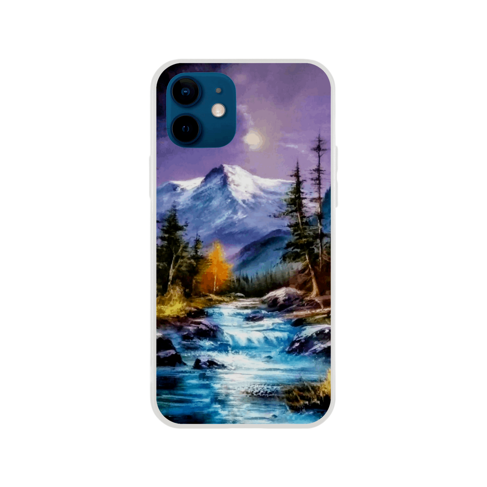 The "Mountain Serenity" phone case by Ken Skoda Studio beautifully depicts a peaceful alpine scene, with a river winding through an autumn-tinged forest. Snowy mountain tops and a radiant moon are visible against the purple sky, providing an ideal retreat.