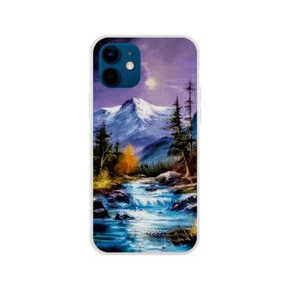 The "Mountain Serenity" phone case by Ken Skoda Studio beautifully depicts a peaceful alpine scene, with a river winding through an autumn-tinged forest. Snowy mountain tops and a radiant moon are visible against the purple sky, providing an ideal retreat.