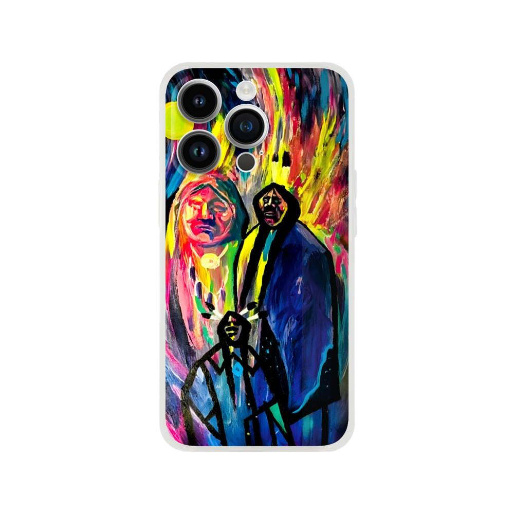 Discover the War Party Phone Case by Ken Skoda Studio, a vibrant piece showcasing an abstract painting of three figures. This dynamic phone case features bold splashes of yellow, pink, blue, and red, beautifully capturing Ken Skoda's artistic essence.