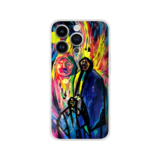 Discover the War Party Phone Case by Ken Skoda Studio, a vibrant piece showcasing an abstract painting of three figures. This dynamic phone case features bold splashes of yellow, pink, blue, and red, beautifully capturing Ken Skoda's artistic essence.