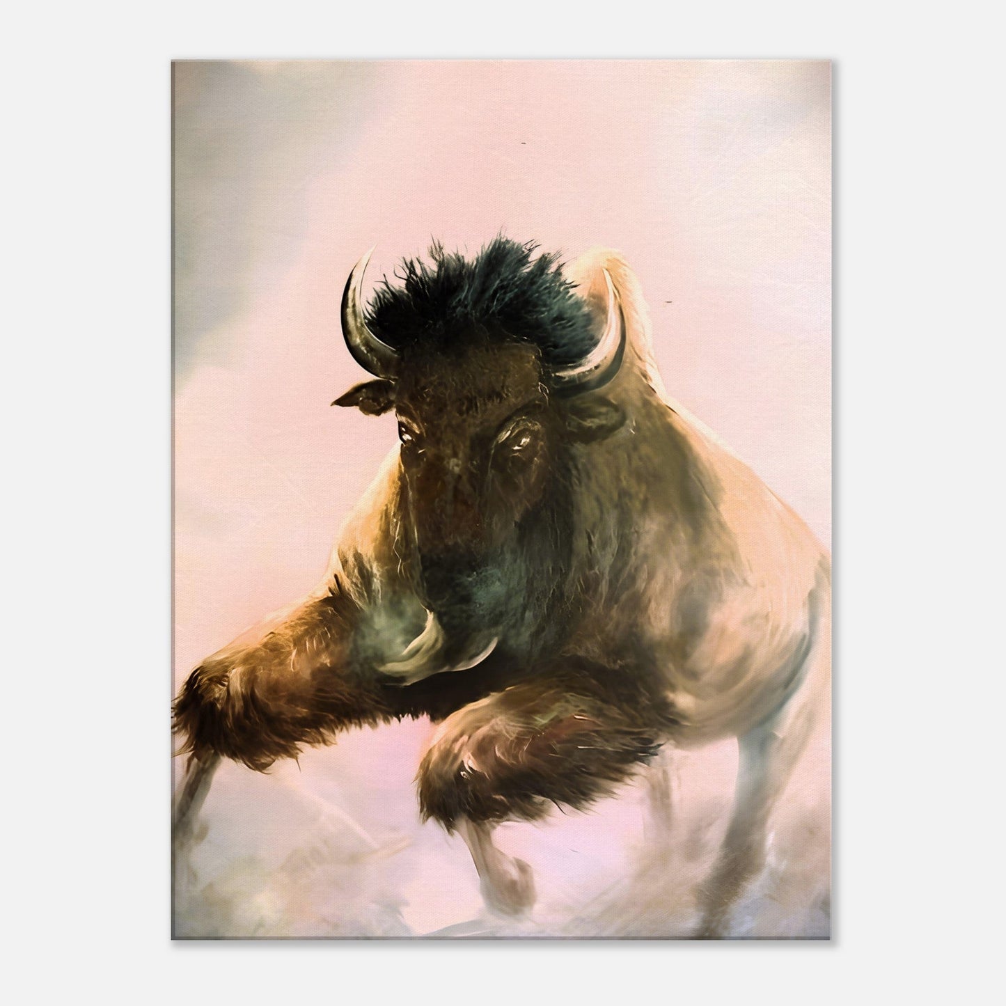 A canvas print of a bison crouching low to the ground, its head lowered and eyes focused intently on something outside of the frame. It has shaggy brown fur and long, sharp horns. The background is a hazy landscape of muted colors, suggesting a dusty or misty environment.