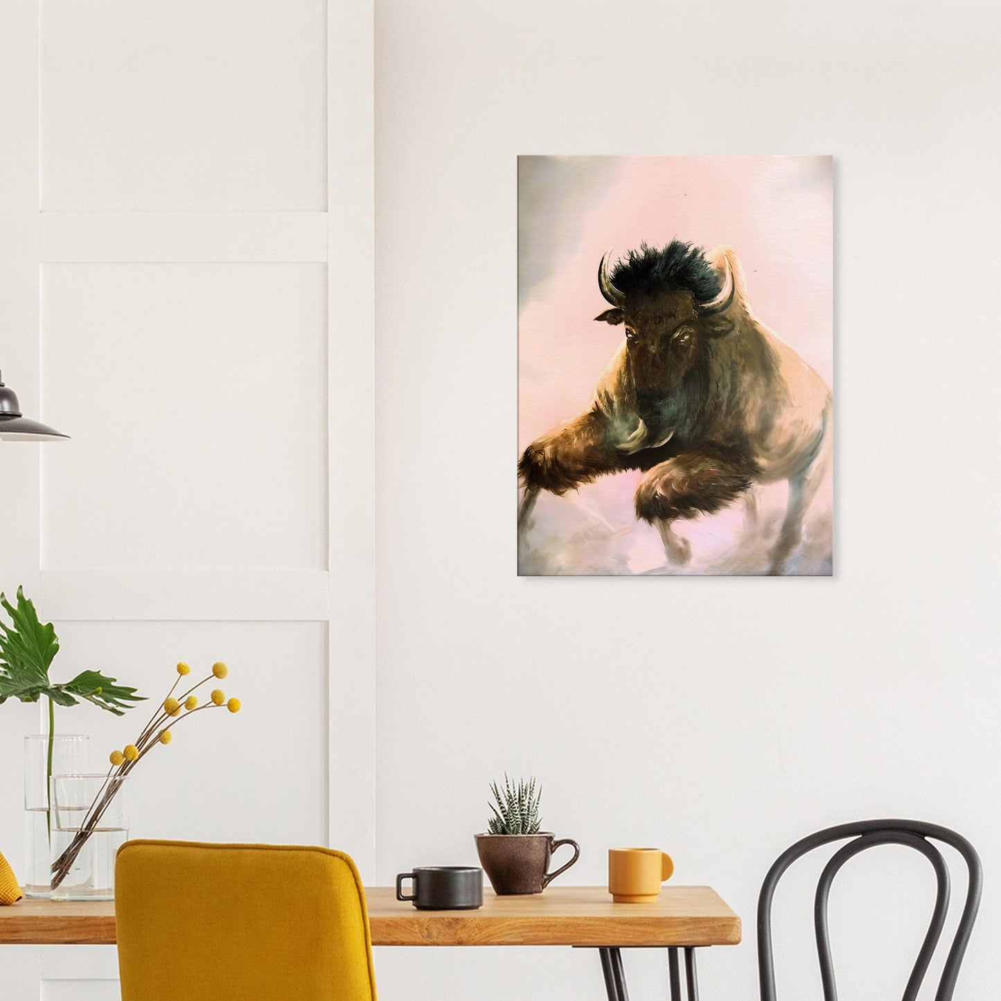 A canvas print of a bison in a white living space with a lamp and a shelf.