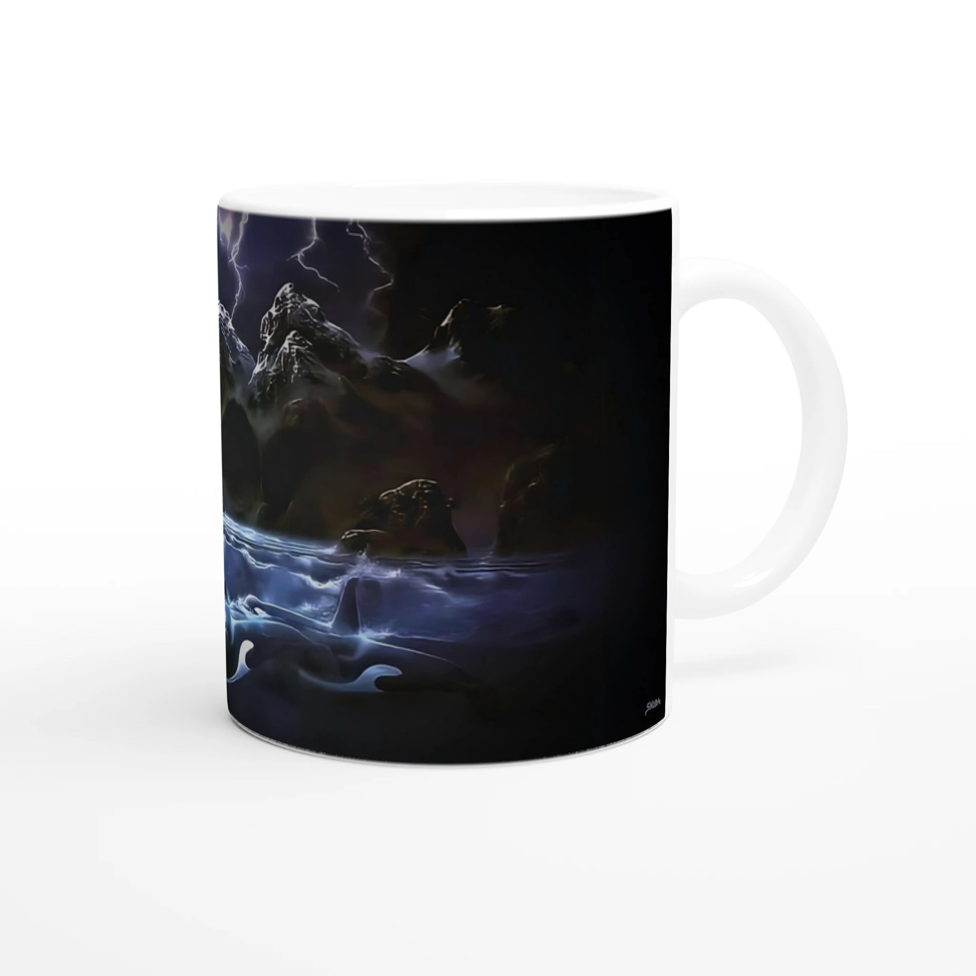 Introducing the "Midnight Orcas" Mug from Ken Skoda Studio, a white ceramic masterpiece that showcases a dark and mystical landscape of mountains and a stormy sea. Perfect for ocean enthusiasts, lightning illuminates the sky to create an eerily dramatic atmosphere that captivates with every sip.